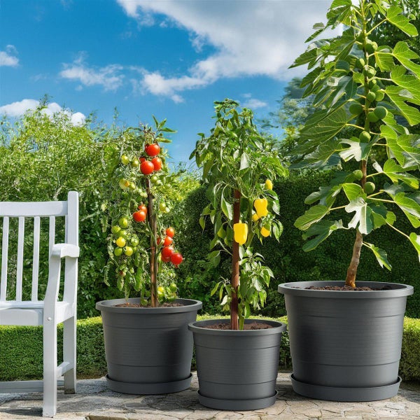 Plastard Blumentopf Terra Ø 54 cm Anthrazit mit Untersetzer, wetterfester Pflanzkübel, Pflanztopf, Blumenkübel, Übertopf aus Kunststoff mit Überlauf