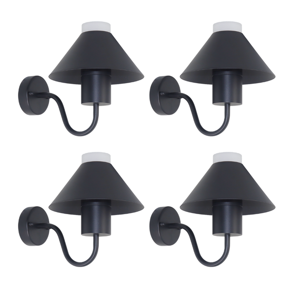 4er-Set schwarze Außenwandleuchten mit kegelförmigem Schirm und gebogenem Arm.