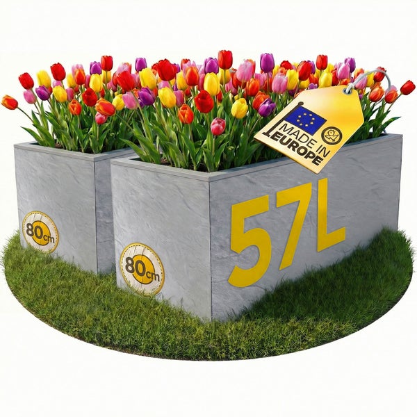 Pflanzkasten mit 57 Liter Volumen und 80 Zentimeter Länge, bepflanzt mit bunten Tulpen, hergestellt in Europa.