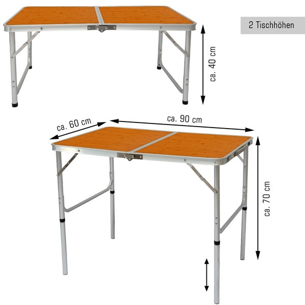 AMANKA klappbarer höhenverstellbarer Campingtisch 90x60x70 cm Leichtgewicht Klapptisch Reisetisch im Kofferformat Bambus