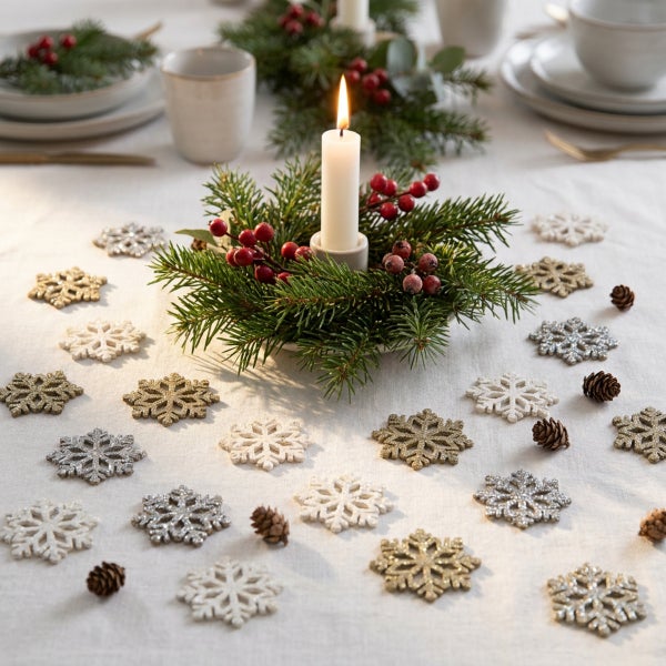 Festlicher Tischschmuck mit brennender Kerze, Tannenzweigen und Beeren, dekoriert mit ausgestreuten Schneeflocken und kleinen Tannenzapfen.