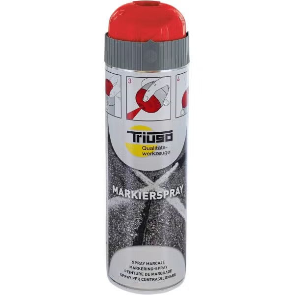 Triuso Markierspray Dose in Rot mit Schutzkappe und Sicherheitsdüse für Bodenmarkierungen.