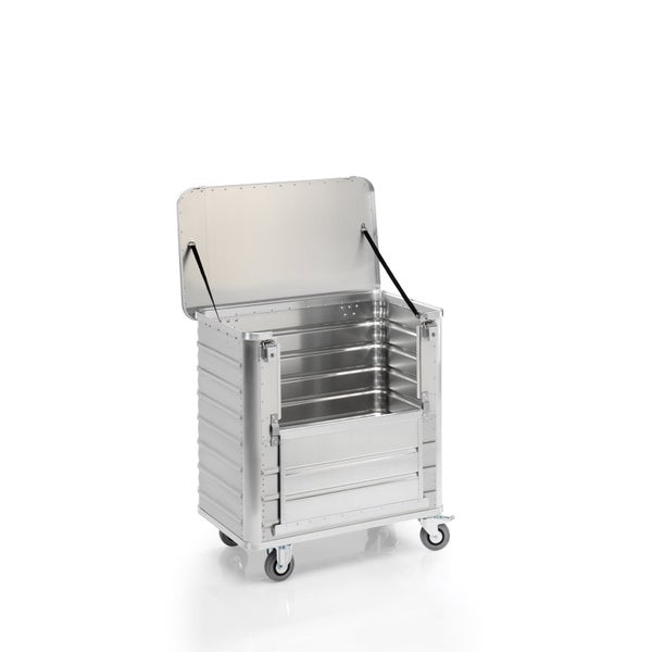 Transportwagen aus Aluminium mit Rollen, geöffnetem Deckel und klappbarer Vorderwand.