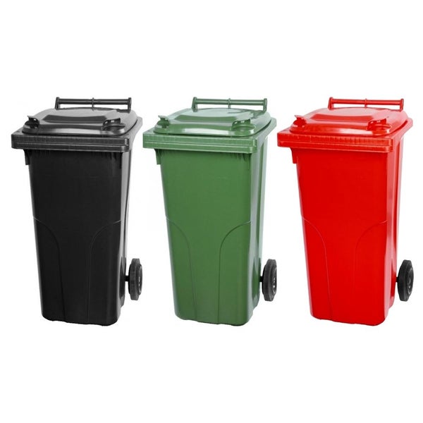 PROREGAL SuperSparSet 3x 2-Rad-Mülltonne Mgb HDPE-Kunststoff 120 Liter Grau/Schwarz & Grün & Rot