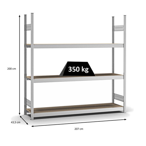 PROREGAL Weitspannregal Stecksystem T-Profil Grundregal HxBxT 200x200x40 cm 3 Ebenen Spanplatten Fachboden Fachlast 350 kg Verzinkt