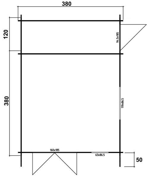 Technische Zeichnung eines Gartenhauses mit Maßangaben
