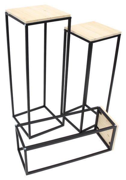 FRANK FLECHTWAREN | Beistelltisch Modern, 3er Set, METALL, HOLZ, 19 x 19 x 50 cm, 22 x 22 x 60 cm, 25 x 25 x 70 cm
