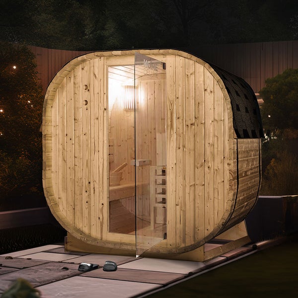 Home Deluxe - Outdoor Sauna CUBE M - Maße: ca. 194 cm x 195 cm x 120 cm, Holz: Fichtenholz - inkl. Saunaofen und Saunazubehör I Gartensauna, Außensauna, Sauna Fass für 2 Personen