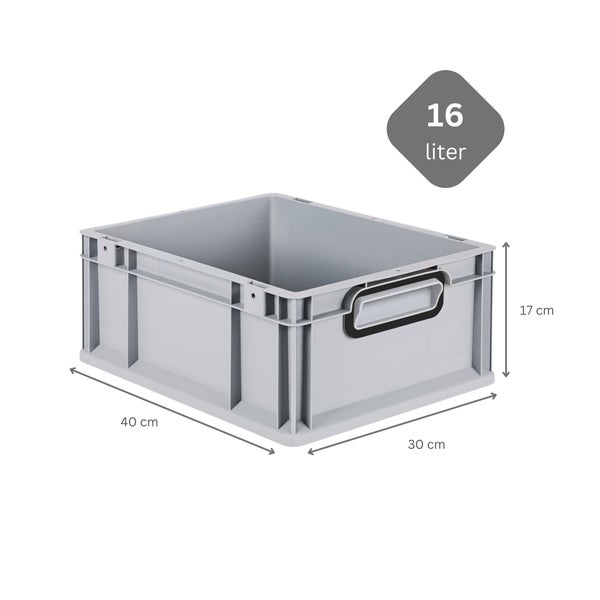 PROREGAL SuperSparSet 5x Eurobox NextGen Color mit Scharnierdeckel und Schiebeschnappverschlüssen, HxBxT 17x30x40cm, 16 Liter, Grau, Griffe schwarz geschlossen, Eurobehälter, Transportbox, Transportbehälter, Stapelbehälter