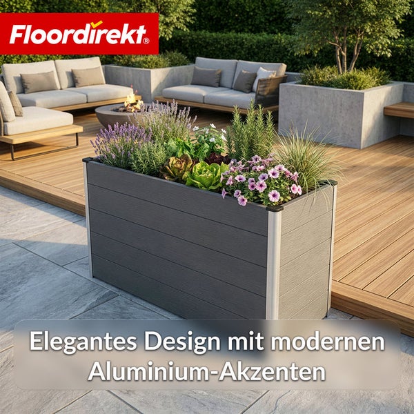 Dekorative Pflanzbox aus Holz mit Aluminiumdetails im Gartenbereich