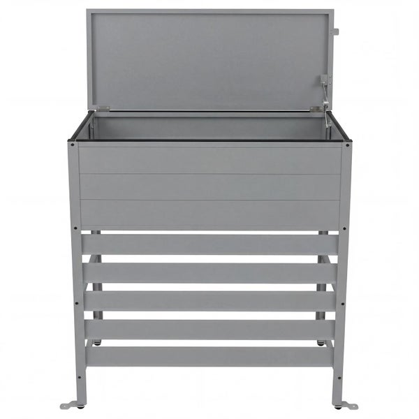 Offene Gartenbox aus Metall in Grau mit Blick in den Innenraum und Gasdruckfeder am Deckel.