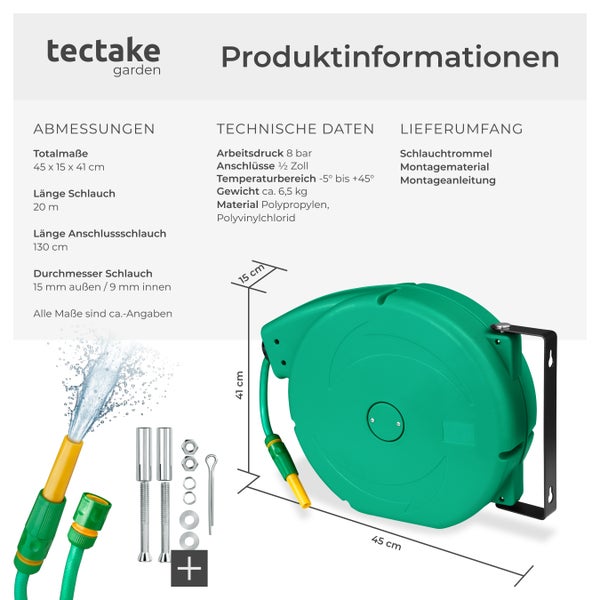 Schlauchtrommel tectake  inklusive Wasserspritze und Montagematerial mit ½ Zoll Schnellkupplung, Arbeitsdruck 8 bar grün