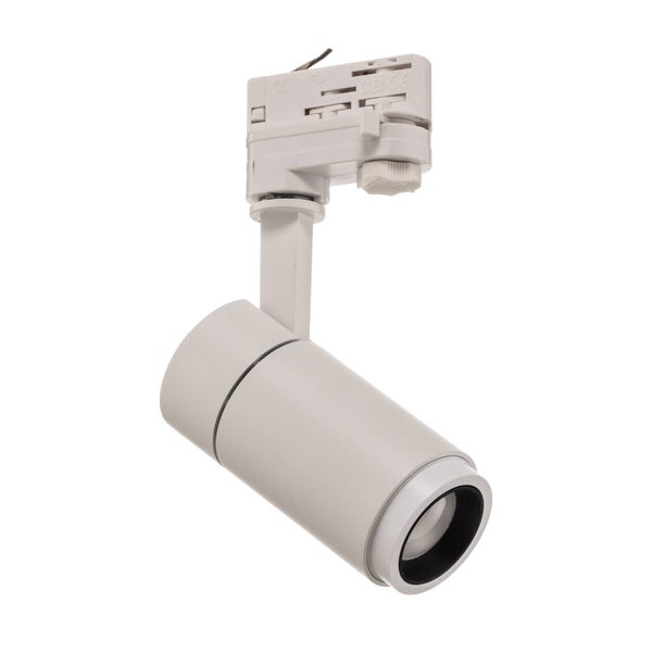 Weißer Schienensystem Strahler mit zylindrischem Leuchtenkopf und 3-Phasen-Adapter.