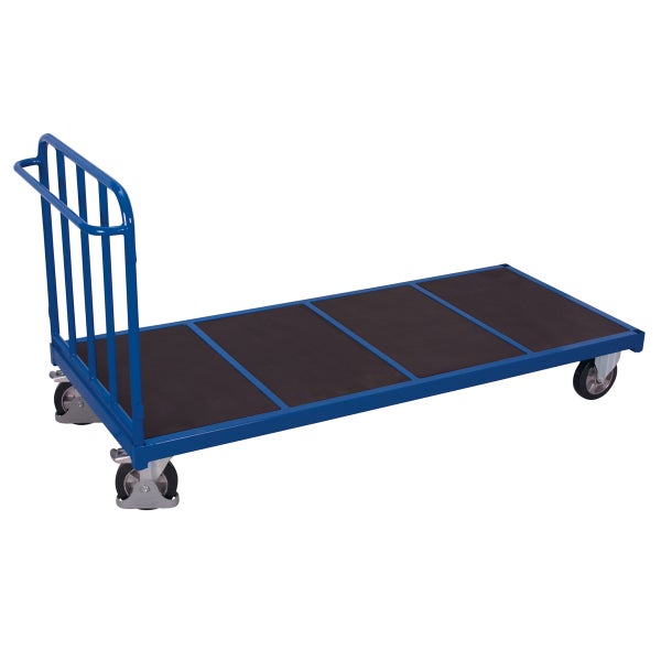 Blauer Plattformwagen mit schwarzer Ladefläche und Griff