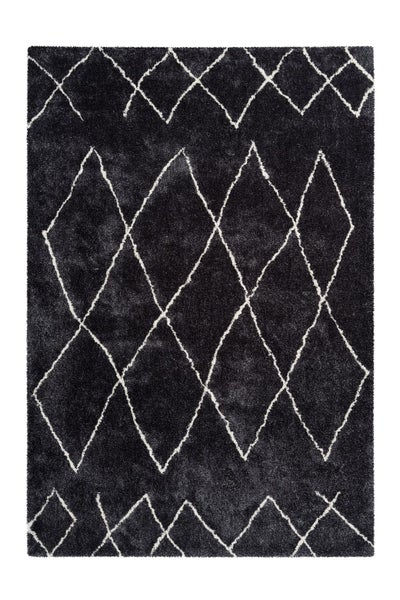Hochflor-Teppich in Anthrazit mit weißem Rautenmuster.