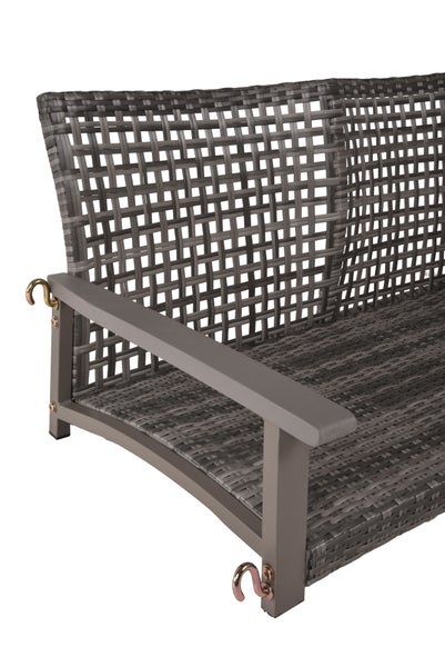 Gartenschaukel aus Polyrattan mit Metallgestell und Armlehne, inklusive Haken zum Aufhängen.