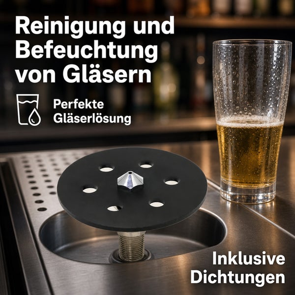 Gläserspüler mit schwarzer Auflage und Düse zur Reinigung und Befeuchtung von Gläsern, installiert in eine Theke, inklusive Dichtungen.