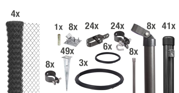 Komplettes Maschendrahtzaun Set mit Zaunrollen, Pfosten, Stützen und Befestigungsmaterial zur Zaunmontage.