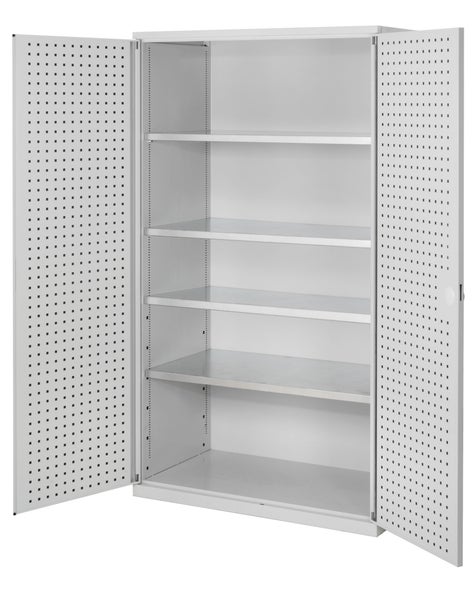 Offener Werkzeugschrank mit Lochblechtüren und Regalböden