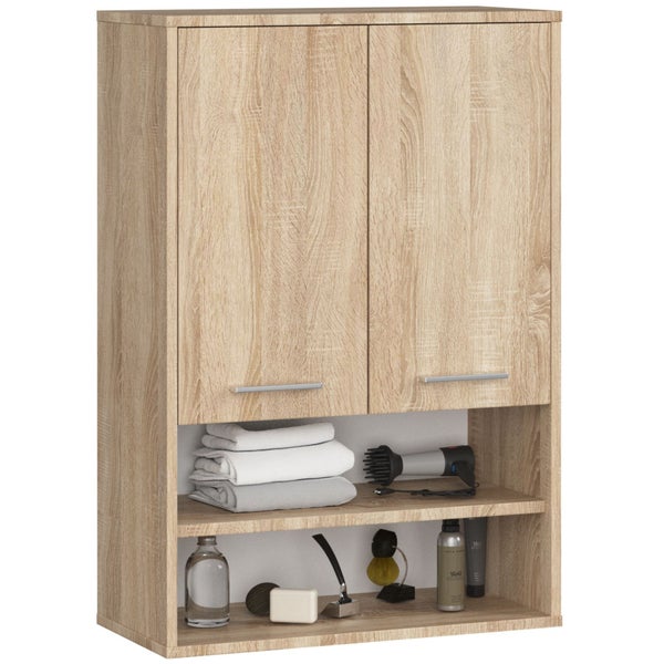 Hängeschrank mit zwei Türen und zwei offenen Regalen im Holzdesign