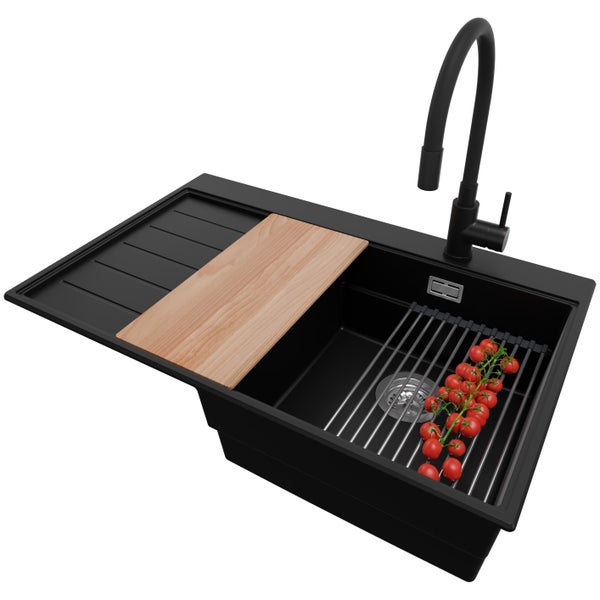PRIMAGRAN Granitspüle Schwarz 78x50cm, Spülbecken 1 Becken + Küchenarmatur 40x38cm + Ablauf-Set + Küchenzubehörset, Küchenspüle ab 45er Unterschrank - Sydney