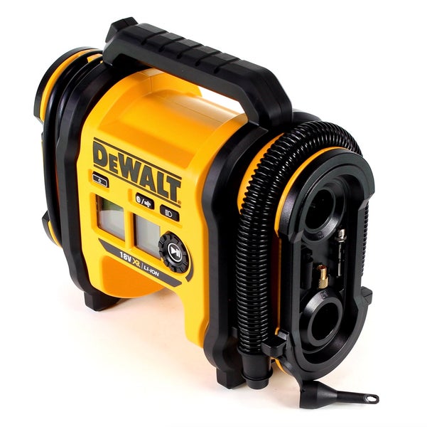 DeWalt 18 Volt Akku-Kompressor mit Tragegriff, digitalem Display und Luftschlauch.