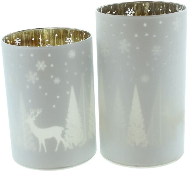 Dekoleidenschaft 2x Windlicht Winterlandschaft aus Glas, weiß / silber, 12 + 15 cm hoch, Glaswindlicht, Teelichtgläser, Winterdeko, Deko Wohnzimmer