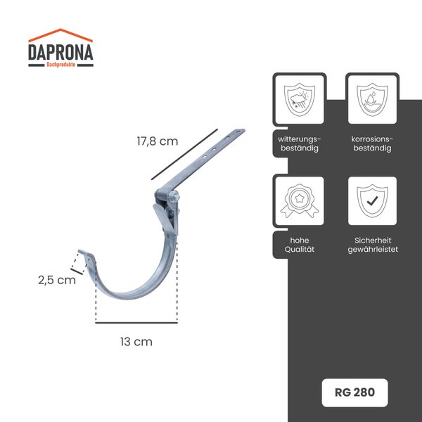 Daprona Logo. Verstellbarer Rinnenträger RG 280, 17,8 Zentimeter lang, 13 Zentimeter breit. Witterungsbeständig, korrosionsbeständig, hohe Qualität.