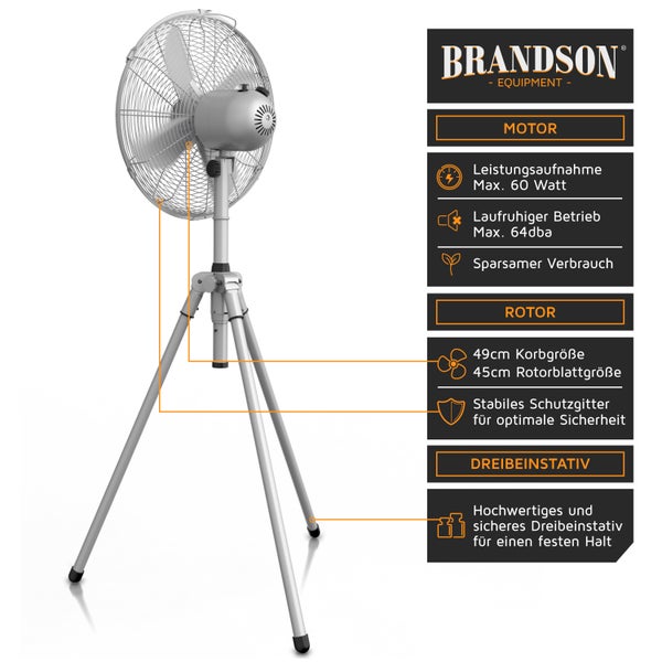 Brandson Standventilator 45 cm mit 3 Geschwindigkeiten, Ventilator mit Dreibein-Stativ, 60 Watt, oszillierend, Silber/Edelstahl
