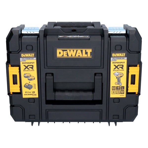 DeWalt TSTAK Werkzeugkoffer für Akku-Schlagschrauber DCF892P2T mit DeWalt Logo, Tragegriff und seitlichen Verbindungsklemmen.
