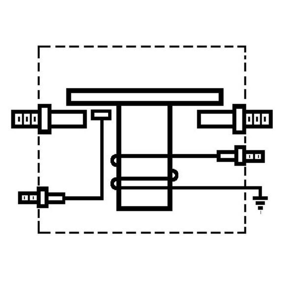 Schaltplan eines elektrischen Bauteils mit Anschlüssen und Erdungssymbol.
