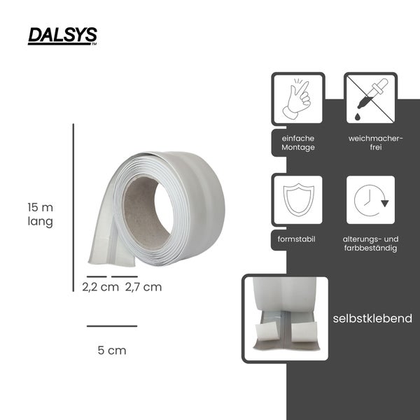 Dalsys Logo. Weichsockelleiste selbstklebend, 15 Meter lang, 5 Zentimeter breit. Einfache Montage, weichmacherfrei, formstabil, farbbeständig.