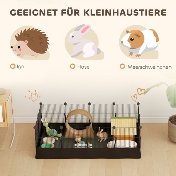 Kleintierkäfig geeignet für Igel, Hasen und Meerschweinchen, inklusive Zubehör wie Laufrad und Häuschen.