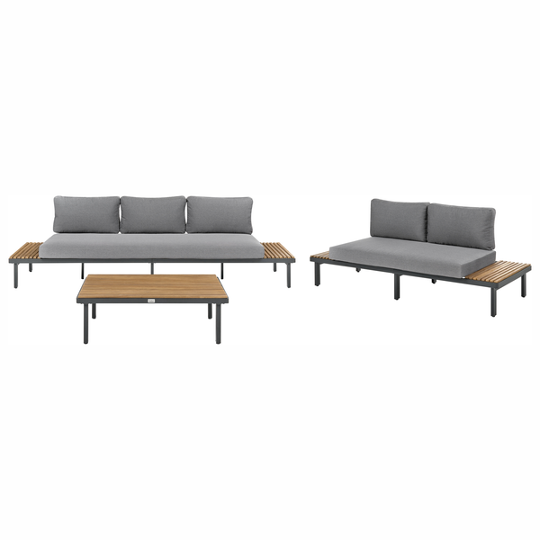 Modernes Lounge Set mit zwei Sofas und einem Couchtisch aus Holz und Metall inklusive Polster für den Außenbereich