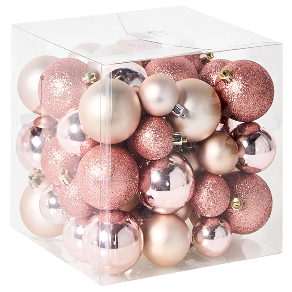 Set aus Christbaumkugeln in einer transparenten Box mit matten, glänzenden und glitzernden Oberflächen.