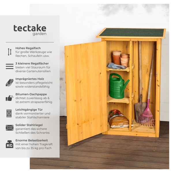 Geöffneter Gartenschrank aus Holz mit Gartengeräten
