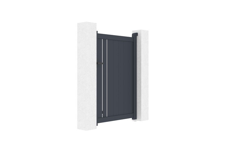 Modernes, einflügeliges Gartentor aus Aluminium in Anthrazit mit vertikalen Lamellen.