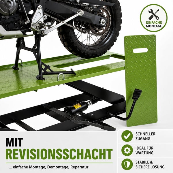 Motorradhebebühne mit Revisionsschacht für Wartung und schnellen Zugang, hydraulische Fußpumpe, stabile Konstruktion, einfache Montage.