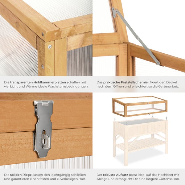 Details des Hochbeetaufsatzes mit transparenten Hohlkammerplatten, Feststellscharnier und Riegel