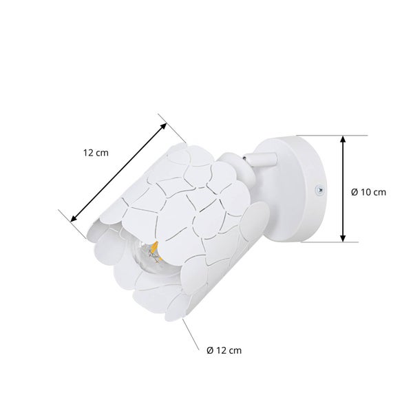 Weiße Wandleuchte mit den Maßen 12 cm Länge, 12 cm Durchmesser und 10 cm Durchmesser der Wandhalterung