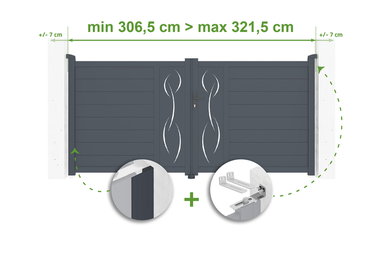 Doppelflügeltor mit den Maßen minimal 306,5 Zentimeter bis maximal 321,5 Zentimeter sowie Torbefestigung