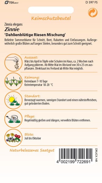 Zinnia elegans Zinnie Dahlienblütige Riesen Mischung Saatgutpackung
