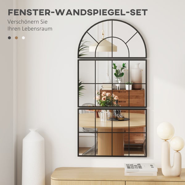 HOMCOM Wandspiegel dreiteilig, bogenförmiger Spiegel mit Metallrahmen, dekorative Fensterspiegel, Hängespiegel für Badezimmer Wohnzimmer Schwarz