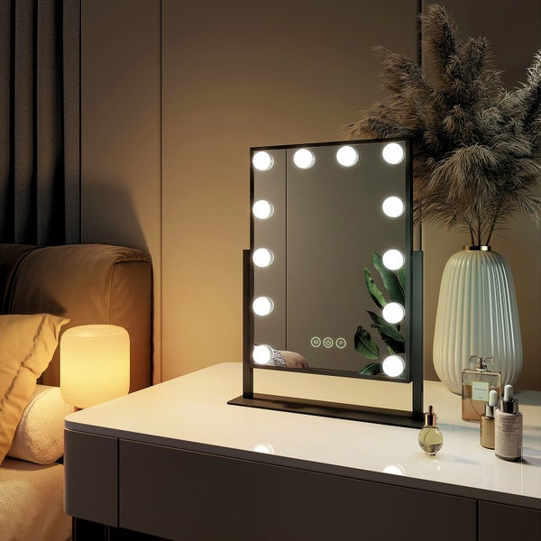 EMKE Hollywood Spiegel Schminkspiegel mit Beleuchtung 12 Dimmbaren LED-Leuchtmitteln  360° Drehbar Kosmetikspiegel mit 3 Lichtfarben 7x Vergrößerung Touch-Steurung,Schwarz,30 X 41 CM
