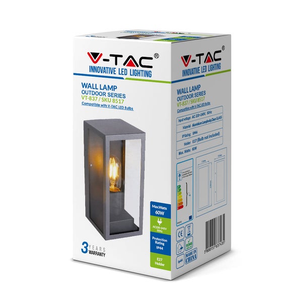 V-TAC Wandleuchte für den Außenbereich, Modell VT-837 / SKU 8517 in Produktverpackung.