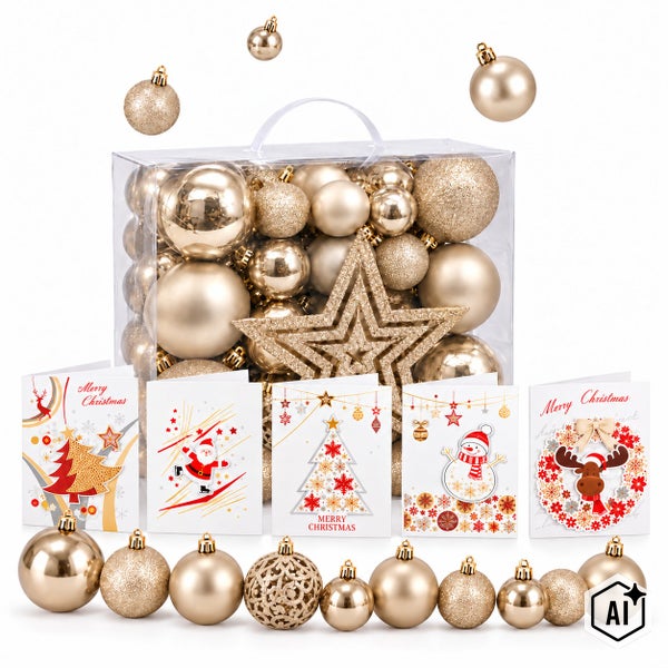 Set aus Weihnachtskugeln in verschiedenen Ausführungen und fünf Grußkarten, verpackt in einer transparenten Aufbewahrungsbox mit Tragegriff.