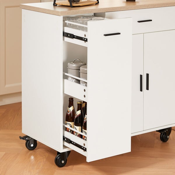 Küchenwagen mit offenem Auszug mit Gläsern, Dosen und Flaschen