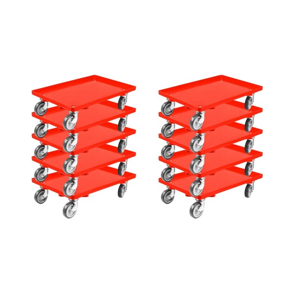 PROREGAL SparSet 10x Transportroller für Euroboxen 60 x 40 cm mit Gummiräder Rot Geschlossenes Deck 2 Lenkrollen und 2 Bockrollen Traglast 300 kg