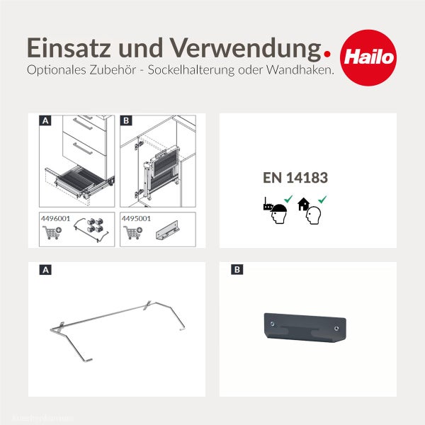 Installationsanleitung für Hailo Abfallsystem Zubehör inklusive Sockelhalterung und Wandhaken mit Verweis auf Norm EN 14183.