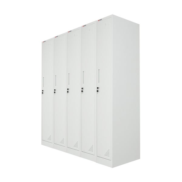 ProRegal Metall-Garderobenschrank mit fünf Abteilen, grau, abschließbar mit Schlüsselschloss und Belüftungsschlitzen.